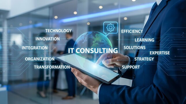 Business Professional Uses Tablet for IT Consulting and Digital Transformation Services