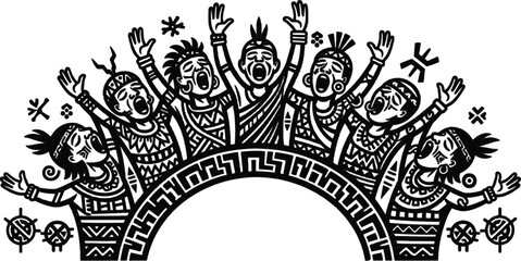 Expressive monochromatic illustration depicting a tribal celebration and reverence