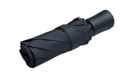 Compact dark blue folded umbrella with strap for rainy weather