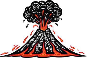 Volcano eruption vector illustration with tribal pattern decoration design