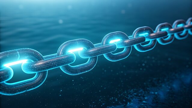 Secure blockchain network connection with metal chain glowing in digital blue space