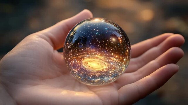Hand holding a glowing planet with rings and cosmic elements in a dark background