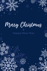 Holiday vertical card with lacy snowflakes and typography Merry Christmas on blue backdrop. Flat vector illustration. Winter concept. Perfect for poster, background, invitation, cover