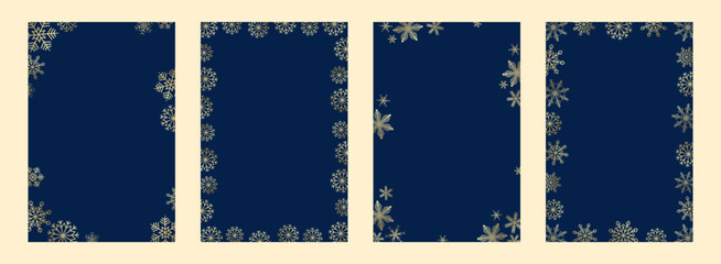 Set 4 vertical winter templates for Christmas or New Year holidays. Flat vector illustration with gold gradient snowflakes on blue background. Ideal for cards, posters, invitations, covers
