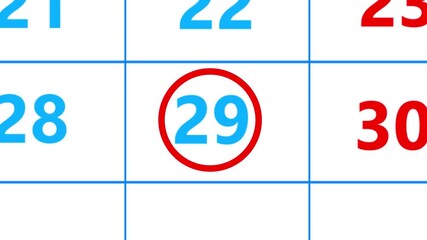 Calendar of may month 29th day is red circled,looped animation.A very important date in the calendar.Signing a day on a calendar.
