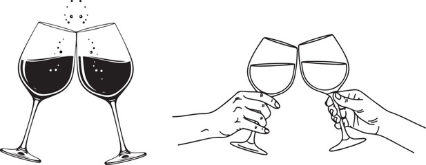 Elegant champagne toast illustration with hands holding glasses in black and white