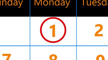 Calendar of june month 1st day is red circled,looped animation.A very important date in the calendar.Signing a day on a calendar.