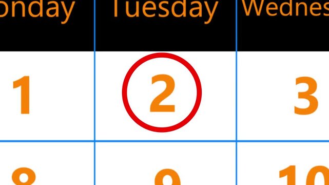 Calendar of june month 2nd day is red circled,looped animation.A very important date in the calendar.Signing a day on a calendar.