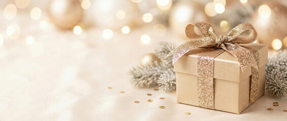 gift box with glitter ribbon on light neutral background