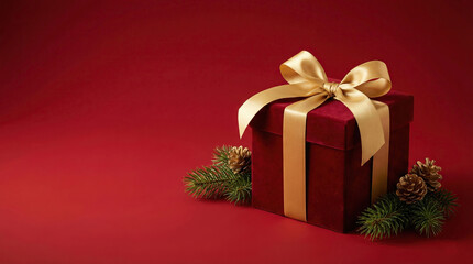 luxury red gift box with glitter ribbon on deep red background