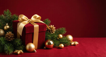 luxury red gift box with glitter ribbon on deep red background