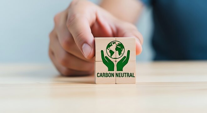 Hand holding wooden block with green earth and hands icon symbolizing carbon neutral concept for sustainability - Powered by Adobe