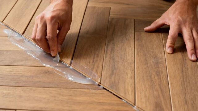 Closeup of hands applying ecofriendly adhesive to wooden flooring highlighting safe lowVOC bonding for sustainable home improvement projects.