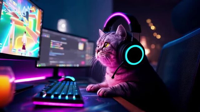Captivating Cat Gamer: A Feline Enthusiast Immersed in the World of Video Games with Vibrant Headset and Mesmerizing Neon Lights