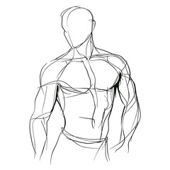 Expressive line art sketch of a muscular male torso in dynamic pose, ideal for anatomy studies, fitness design, fashion illustration or artistic figure references
