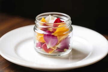 Colorful Petal Delight: A charming glass jar brimming with a vibrant mix of colorful flower petals, artfully arranged and presented on a pristine white plate.