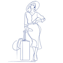 legant line art of a confident woman in hat holding a suitcase, perfect for travel branding, lifestyle blogs, fashion design, posters or editorial projects