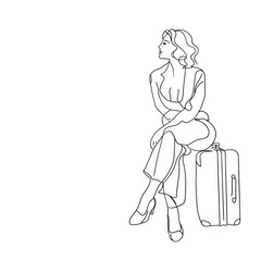Elegant line art of a woman sitting beside a suitcase, ideal for travel branding, lifestyle graphics, fashion projects, posters or editorial layouts
