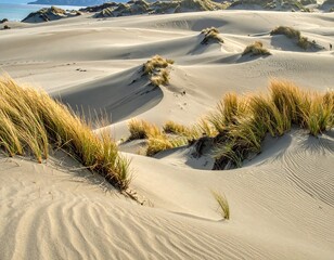 Scenic beauty of Sand Dunes with Grass, Tranquil Desert Landscape Photography