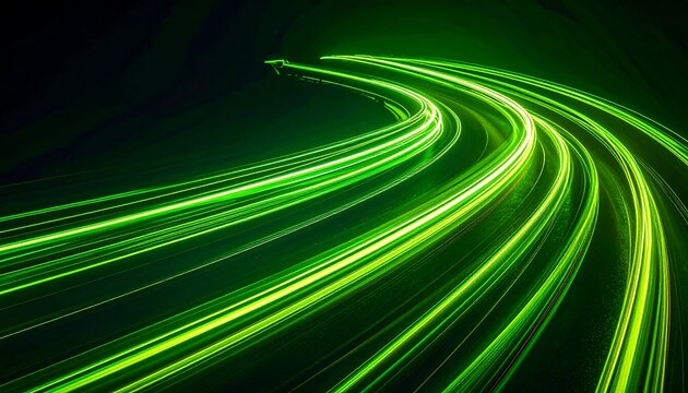 Emerald ribbons streak against dark backdrop, dynamic flow and luminous glow - Powered by Adobe