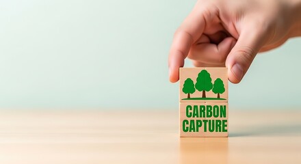 Hand placing wooden block with tree icon and carbon capture text, symbolizing environmental sustainability and climate action