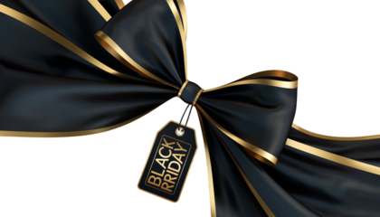 Luxury Black Friday Bow with Gold Ribbon and Tag on Transparent Background