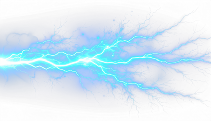 Vibrant electric-blue lightning strike with glowing energy trails and spark effects on transparent background, ideal for digital artwork and motion graphics