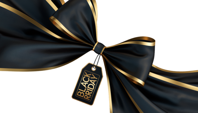 Luxury Black Friday Bow with Gold Ribbon and Tag on Transparent Background
