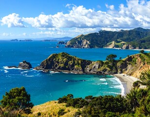 Scenic Coastline Panorama: Captivating Ocean Views and Lush Green Islands Scenery