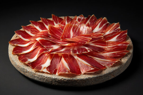 Delicious Spanish Iberian ham slices arranged on a serving plate. Thinly sliced jam&oacute;n ib&eacute;rico is a gourmet delicacy, often served as an appetizer or tapa.