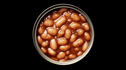 Top View of Canned Baked Beans in Tomato Sauce on Black Background