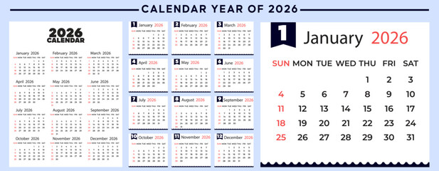 2026 Calendar template vector collection for 2026. A minimalist clip art set with a 12-month calendar with days, a weekly schedule, monthly pages, and a vector illustration collection.