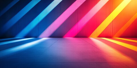 An abstract background featuring bright, diagonal stripes of light in blue, pink, red, and yellow, reflecting intensely off a dark floor. Use for abstract, color, tech, or party blogs/sites.