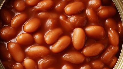 Macro Close Up of Canned Baked Beans in Rich Tomato Sauce