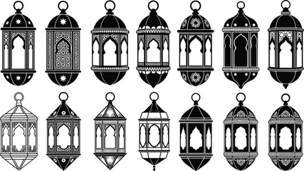Black and White Ramadan Lantern Vector Set, Arabic Islam Holiday Decoration, Fanoos Silhouette Icons Collection, Eid Mubarak, Kareem Ornament..eps