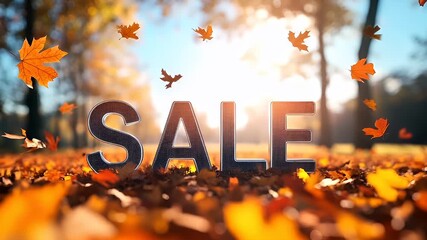 Holiday shopping season. Retail business promotion concept. autumn leaves falling from the sky with the word SALE spelled out in wooden letters on a bed of fallen leaves.
