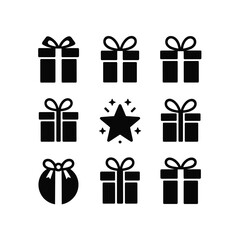 Collection of nine black and white gift box icons with a central star illustration