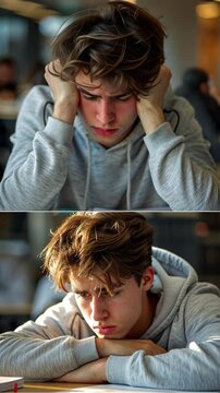 selective focus student struggling with schoolwork homework study frustration