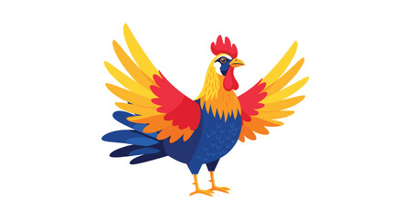Obraz premium A proud and colorful rooster with magnificent, spread wings showcasing its vibrant plumage in a delightful flat illustration.