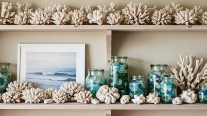 Coastal home decor with natural white coral and sea glass jars on shelves, creating a serene, ocean-inspired display with a framed wave print