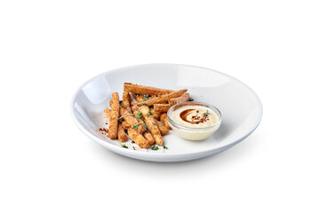 Baked breadsticks with creamy dip appetizer, transparent background