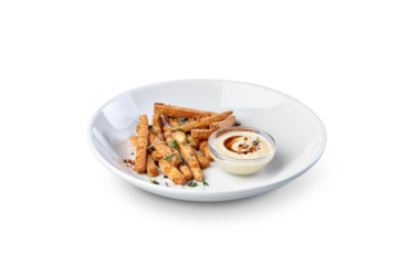 Baked breadsticks with creamy dip appetizer, transparent background