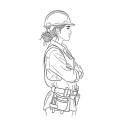 Illustration of a woman construction worker wearing a hard hat and tool belt, depicted in profile with crossed arms
