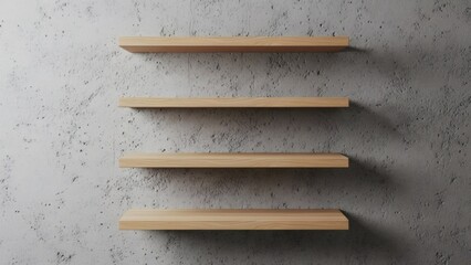 Empty wooden shelves mounted on a textured concrete wall, perfect for displaying decor or storage