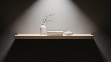 Elegant minimalist display on a floating wooden shelf with a white vase, plant sprig, and decor under a spotlight