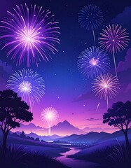 Fireworks light up the night sky over a landscape with mountains, trees, and a river at twilight