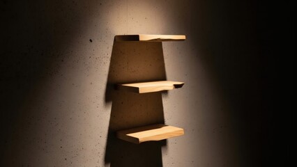 Minimalist floating shelves with natural wood grain, mounted on a textured concrete wall, creating a modern and rustic display space