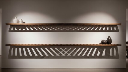 Minimalist wooden shelves with decorative shadow patterns cast on a light gray wall