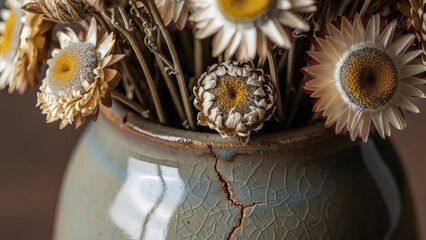 A close-up of beautifully aged dried daisy-like flowers arranged in a rustic, cracked ceramic vase, highlighting natural textures and the passage of time