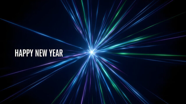 Happy New Year glowing abstract streaks of light on a dark background